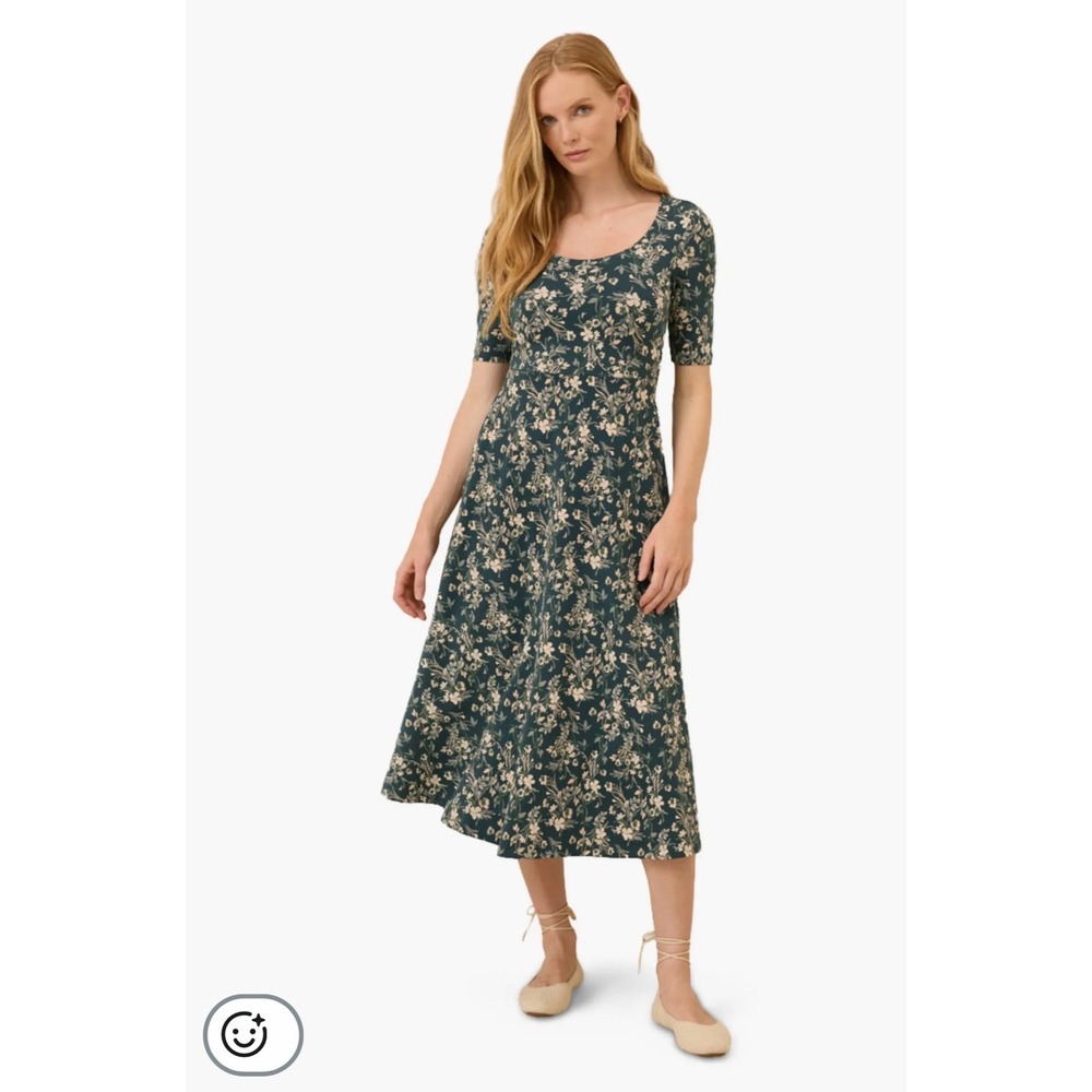 Pact Organic Cotton Floral Fit and Flare Midi Dress Green Crisscross Back Medium